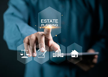 Estate Planning' on a virtual screen with icons representing legal and financial planning